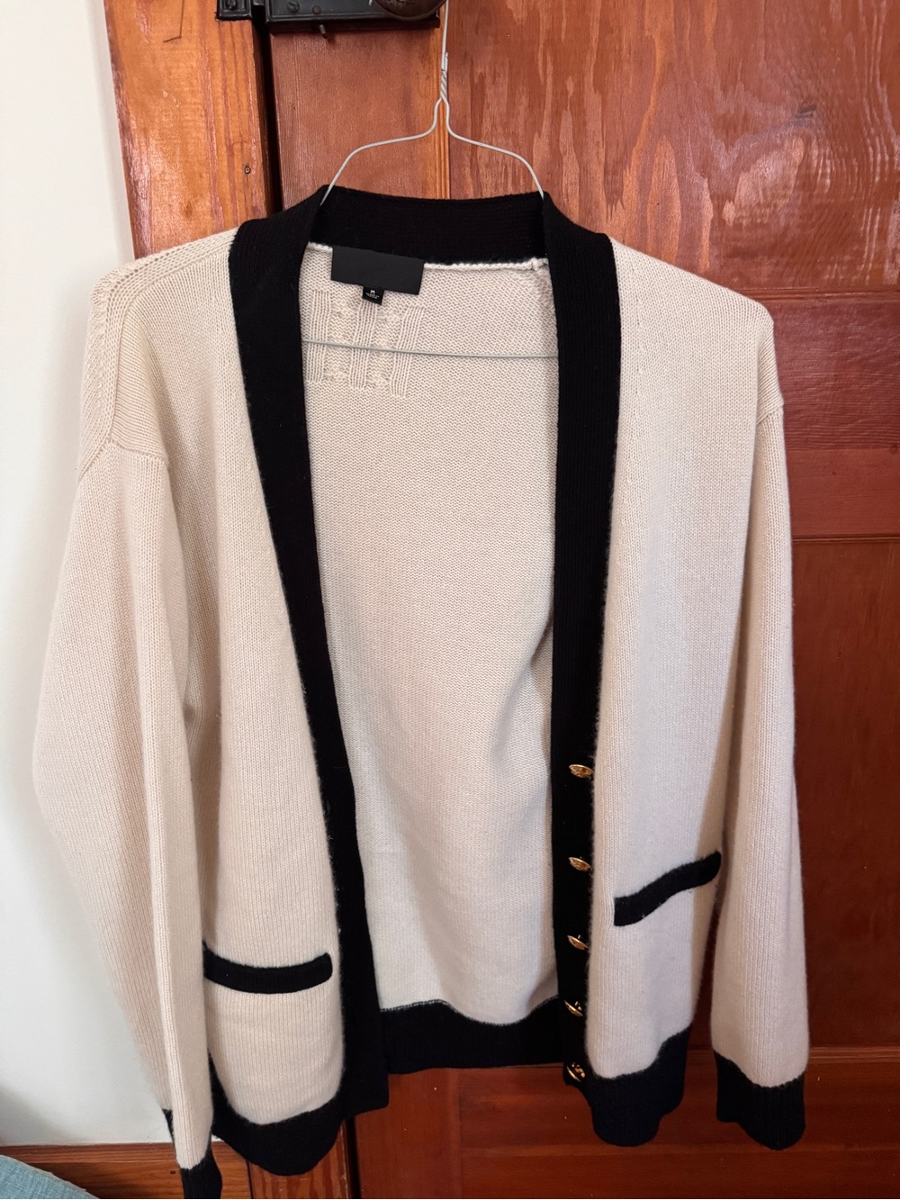 Nili Lotan Cream Cardigan with Black Trim and Gold Buttons